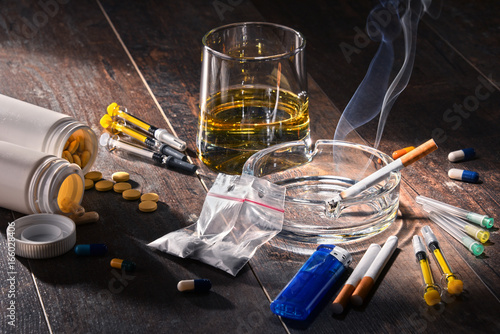 Addictive substances, including alcohol, cigarettes and drugs photo
