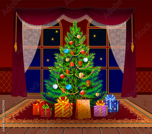 Christmas tree in the living room. Spruce and gifts. New year decorated interior.