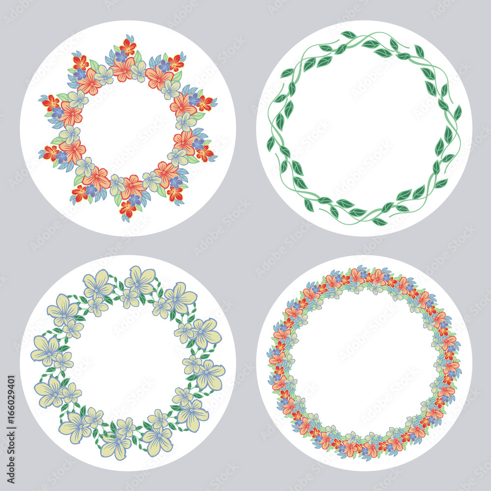 Set of round frame with flowers. Design element for banners, labels, prints, posters, web, presentation, invitations, weddings, greeting cards, albums.