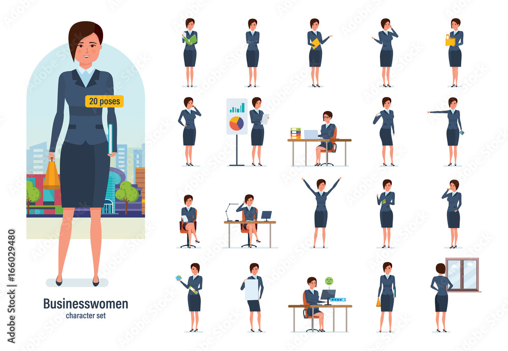 Businesswoman worker in formal wear. Different poses, emotions, gestures.