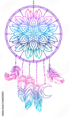 Hand drawn Native American Indian talisman dreamcatcher with feathers and moon. Vector hipster illustration isolated on white. Ethnic design, boho chic, tribal symbol.