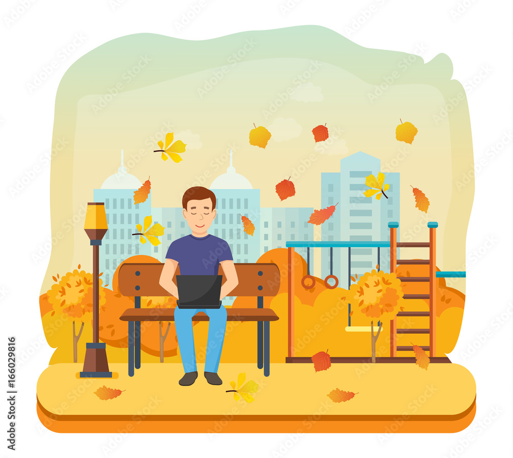 Man running remotely on freelance, on bench in autumn park. Man running remotely on freelance, on bench in autumn park.