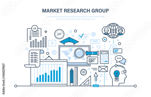 Market research group. Analysis, research, communication, statistic, information exchange, calculations.