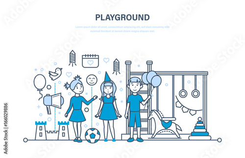 Park and kids playground. Entertainment in form swings, recreation park.