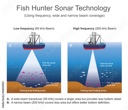 Sonar signal systems are generally used underwater for range finding and detection. Active sonar emits an acoustic signal, or pulse of sound, into the deep underwater. Vector info graphic. photo