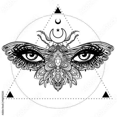 Weird beautiful moth on an girl face. Ornate decorated butterfly wings for eyes. Hand drawn vector illustration. Fantasy, occultism, tattoo art, coloring books, spirituality.