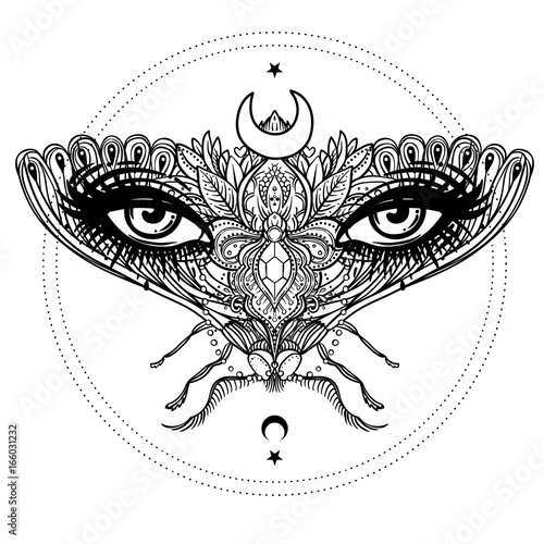 Weird beautiful moth on an girl face. Ornate decorated butterfly wings for eyes. Hand drawn vector illustration. Fantasy, occultism, tattoo art, coloring books, spirituality.