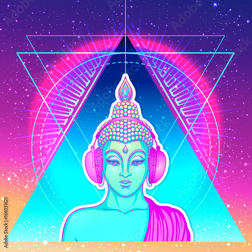 Modern Buddha listening to the music in headphones in neon colors isolated on white. Vector illustration. Vintage psychedelic composition. Indian, Buddhism, trance music.