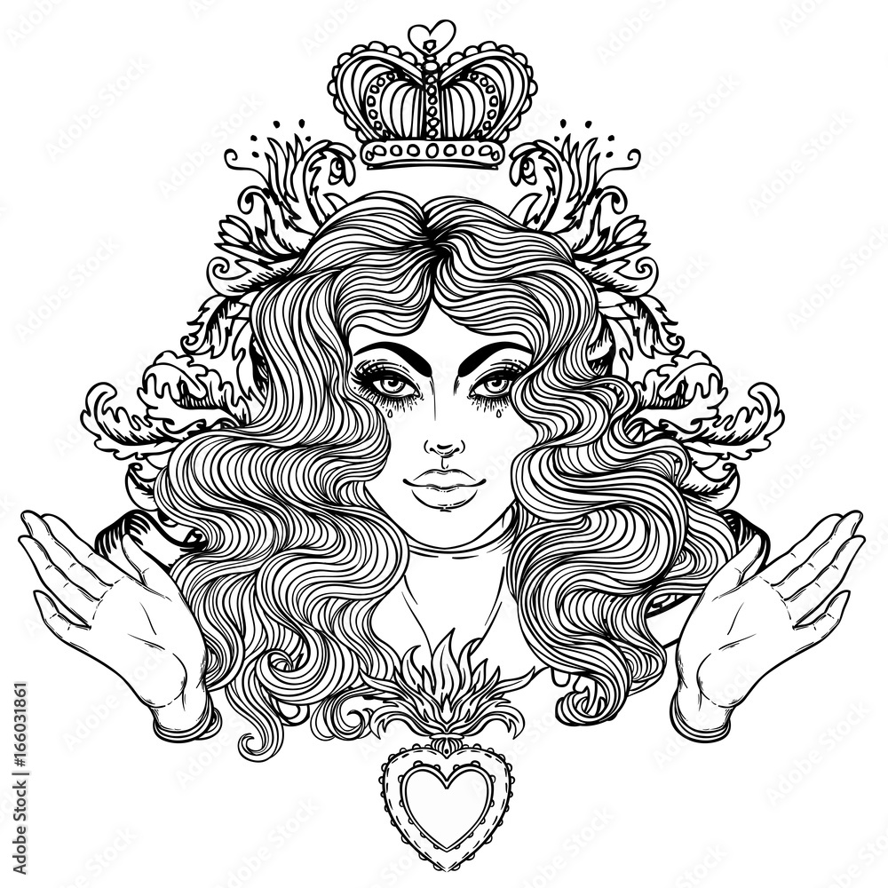 Madonna, Lady of Sorrow. Devotion to the Immaculate Heart of Blessed Virgin Mary, Queen of Heaven. Vector illustration isolated. Coloring book for adults. Madonna, Lady of Sorrow. Devotion to the Immaculate Heart of Blessed Virgin Mary, Queen of Heaven. Vector illustration isolated. Coloring book for adults.