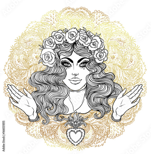Madonna, Lady of Sorrow. Devotion to the Immaculate Heart of Blessed Virgin Mary, Queen of Heaven. Vector illustration isolated. Coloring book for adults.