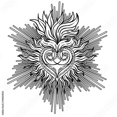 Sacred Heart of Jesus with rays. Vector illustration black isolated on white....