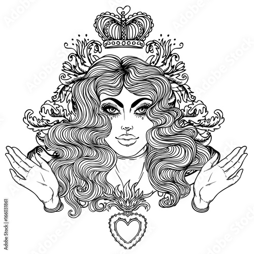 Madonna, Lady of Sorrow. Devotion to the Immaculate Heart of Blessed Virgin Mary, Queen of Heaven. Vector illustration isolated. Coloring book for adults.