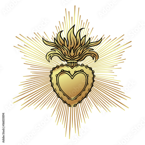Sacred Heart of Jesus with rays. Vector illustration black isolated on white. Trendy Vintage style element. Spirituality, occultism, alchemy, magic, love.