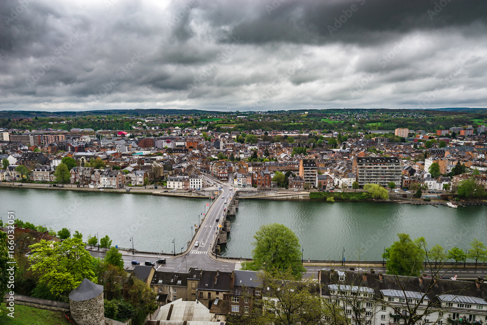 Tilt-shift panoramic aerial view of Namur, spring day
