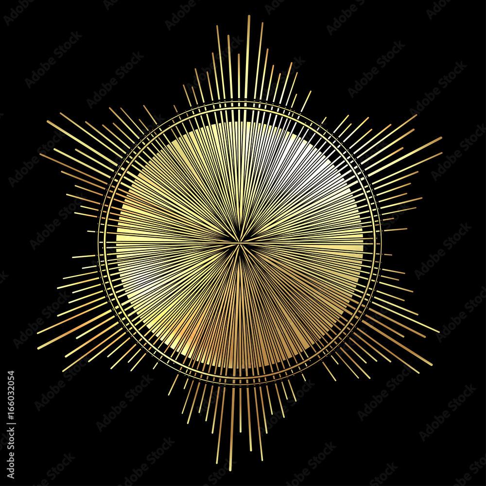 Obraz premium Rays of light as a halo. Hand drawn vector illustration isolated on black in vintage engraved style. Line art tattoo template. Scrapbook element.