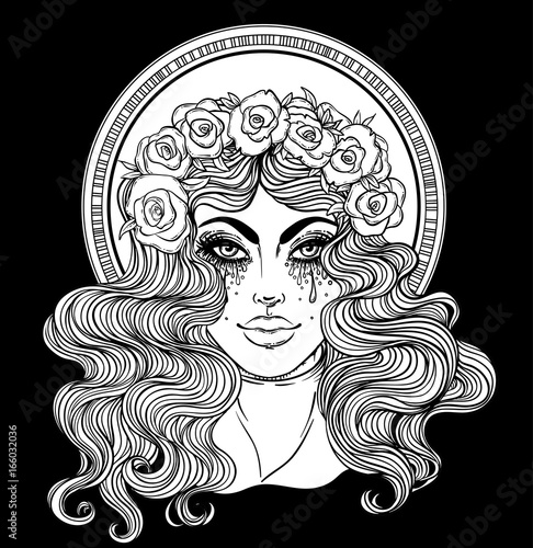 Madonna, Lady of Sorrow. Devotion to the Immaculate Heart of Blessed Virgin Mary, Queen of Heaven. Vector illustration isolated. Coloring book for adults.