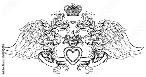 Sacred Heart of Jesus with rays. Vector illustration black isolated on white. Trendy Vintage style element. Spirituality, occultism, alchemy, magic, love.
