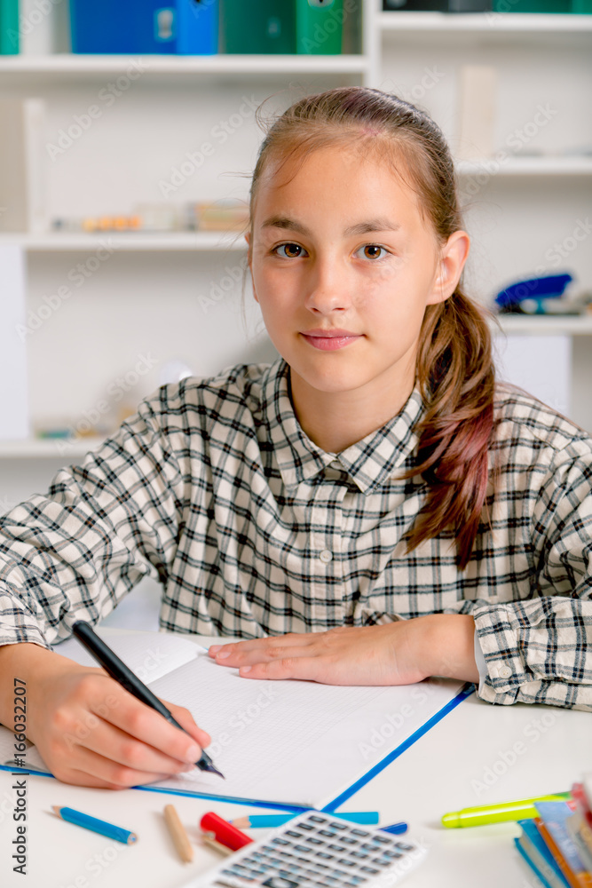 Teenage girl preparing for exams. Teenage girl doing homework for school.. Teenage girl preparing for exams. Teenage girl doing homework for school..