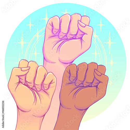 Fight like a girl. 3 Woman's hands with her fist raised up. Girl Power. Feminism concept. Realistic style vector illustration in pink  pastel goth colors.