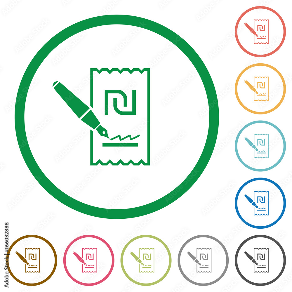 Signing new Shekel cheque flat icons with outlines Signing new Shekel cheque flat icons with outlines