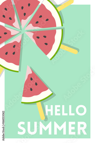 Watermelon Popsicle over Hello Summer Message Green Poster