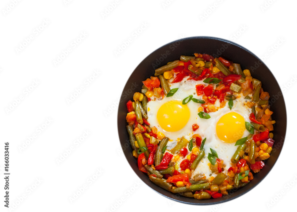 fried eggs with mixed vegetables in a frying pan. top view. isolated on white fried eggs with mixed vegetables in a frying pan. top view. isolated on white