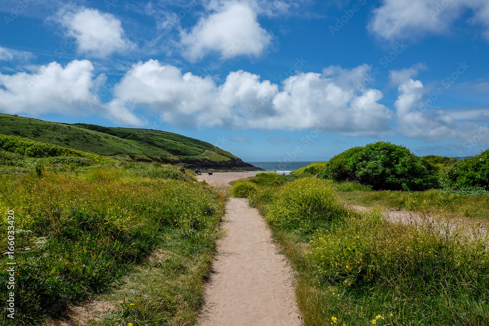 Path through countryside leading to a beach