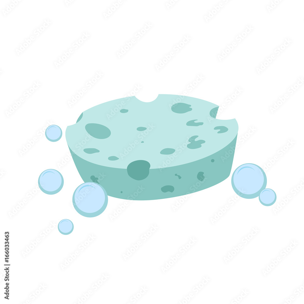 Vector cartoon flat style green round sponge vector icon. Blue bubbles. Stylized bath and kitchen clearing accessories isolated on white background. Vector cartoon flat style green round sponge vector icon. Blue bubbles. Stylized bath and kitchen clearing accessories isolated on white background.