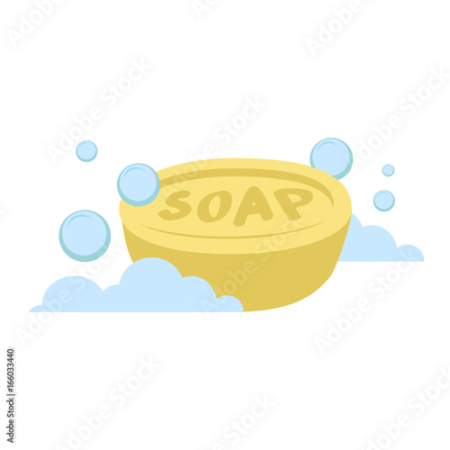 Vector cartoon flat style yellow oval soap vector icon. Blue bubbles. Stylezed bath accessories isolated on white background.