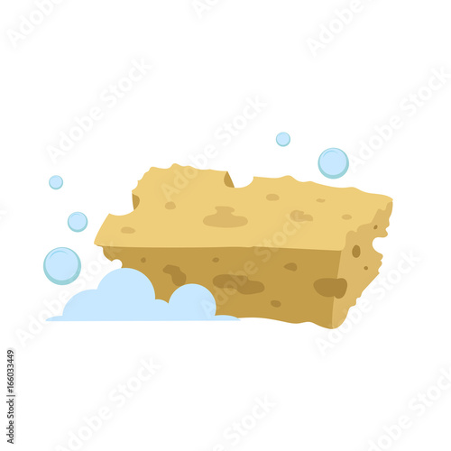 Vector cartoon flat style yellow rectangular sponge vector icon. Blue bubbles. Stylized bath and kitchen clearing accessories isolated on white background.