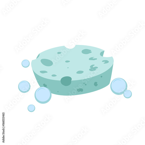 Vector cartoon flat style green round sponge vector icon. Blue bubbles. Stylized bath and kitchen clearing accessories isolated on white background.