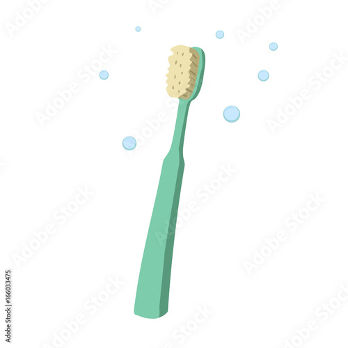 Trendy cartoon style old fashioned green toothbrush. Hygiene and every day teeth protection vector illustration.