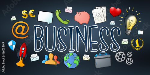 Hand-drawn business text and icons