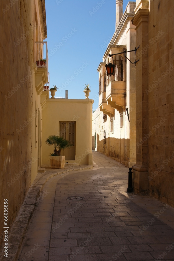 Shadowed narrow historical street of Mdina, old town, in Malta on a sunny day.