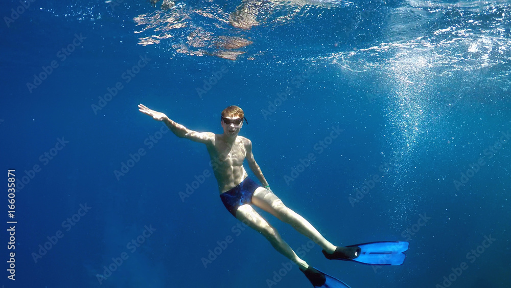 swimmer in flippers dives into the sea