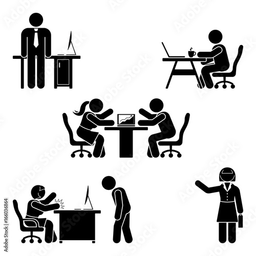 Stick figure office poses set. Business finance workplace support. Working, sitting, talking, meeting, training, discussing vector pictogram