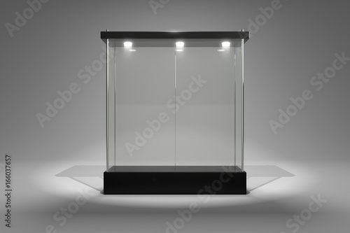 3D rendering glass cabinet front view for product show window close door version
