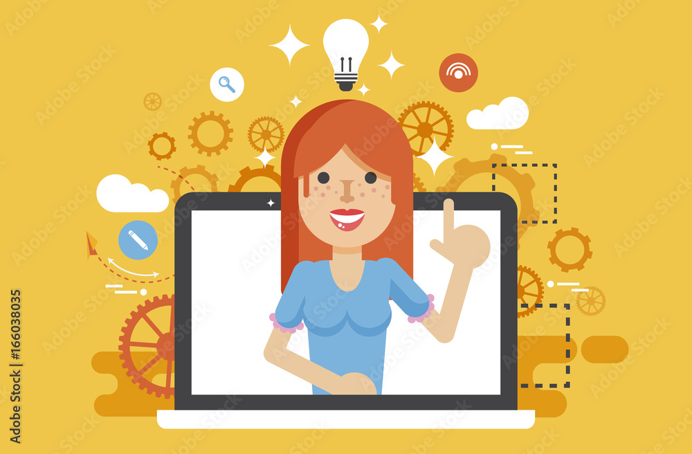 Vector illustration woman with idea lamp light bulb above head and index finger up in flat style Vector illustration woman with idea lamp light bulb above head and index finger up in flat style