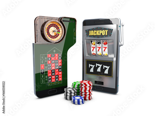 3d Illustretion of online mobile casino. Smart phone with chips photo