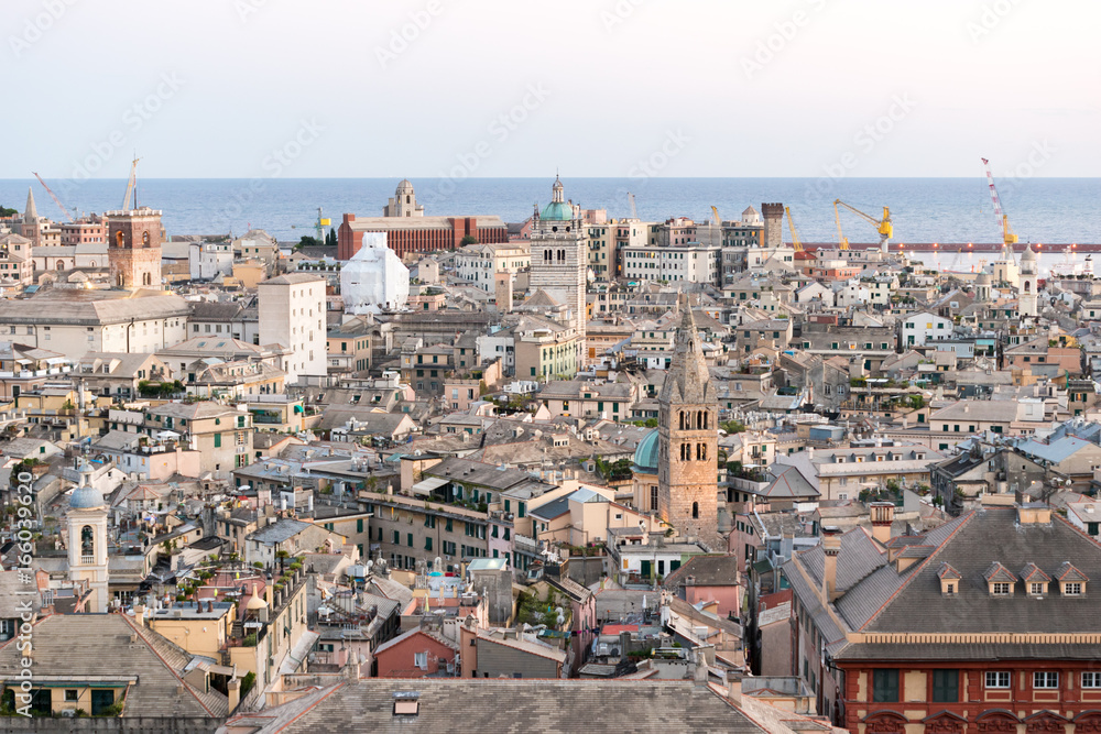 Aerial view of the downtown of Genoa at the sunset