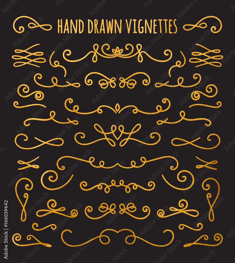 Set of gold textured hand drawn vignettes