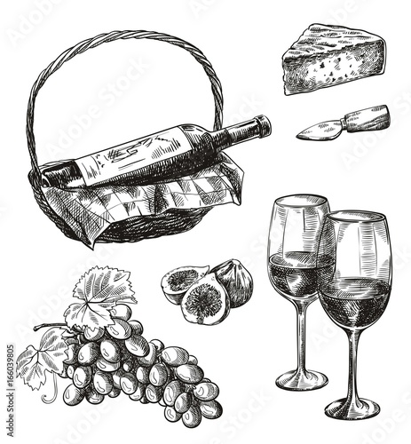 red wine bottle and snacks. set of vector sketches on white