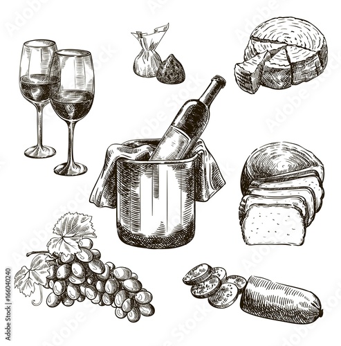 red wine bottle and snacks. set of vector sketches on white