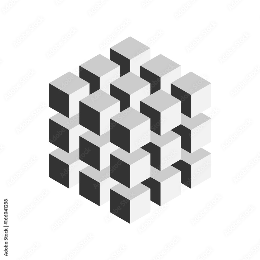 Grey geometric cube of 27 smaller isometric cubes. Abstract design element. Science or construction concept. 3D vector object. Grey geometric cube of 27 smaller isometric cubes. Abstract design element. Science or construction concept. 3D vector object.