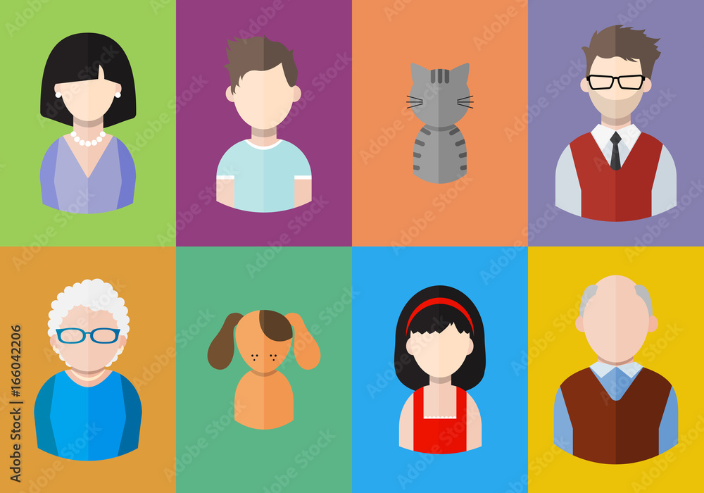 Flat people icons (mother, father and their son and daughter, grandpa, grandma and pets. Family. Segment of population Flat people icons (mother, father and their son and daughter, grandpa, grandma and pets. Family. Segment of population