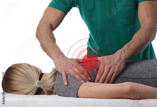 Woman having chiropractic back adjustment, healing treatment. Osteopathy, Physical therapy, acupressure. Rehabilitation after sport Injury, isolated on white.