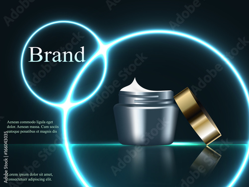 cosmetics face cream with neon light, circles with reflection. Realistic 3D illustration, vector, advertisement, poster, banner