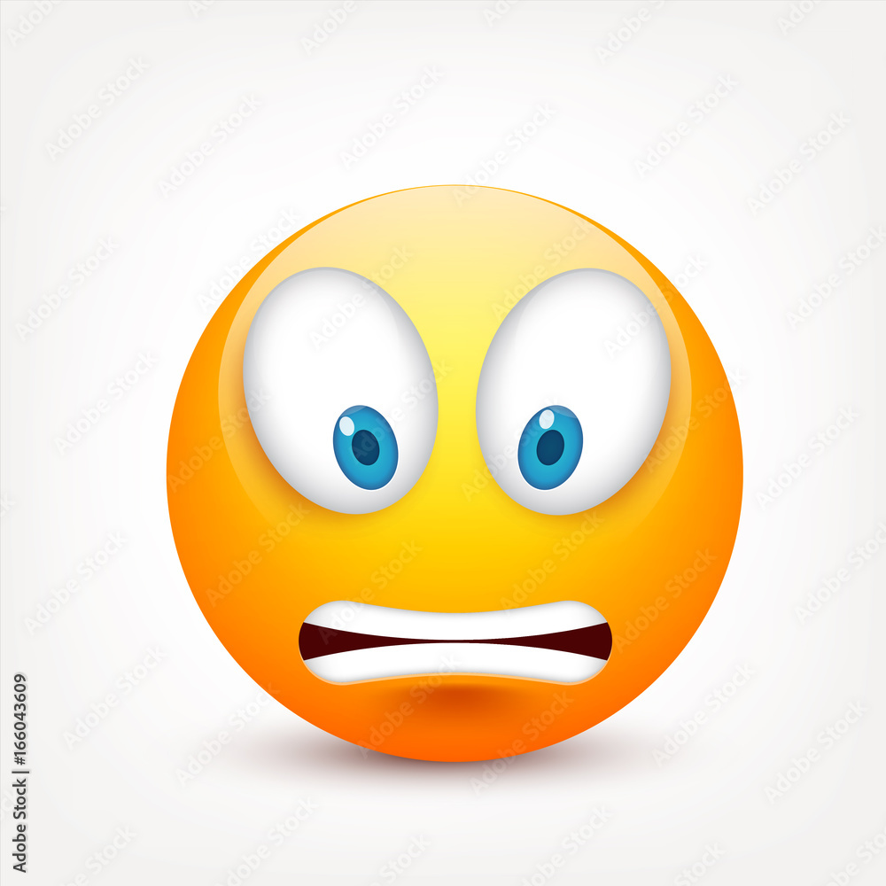 Fototapeta premium Smiley with blue eyes,emoticon set. Yellow face with emotions. Facial expression. 3d realistic emoji. Sad,happy,angry faces.Funny cartoon character.Mood.Vector illustration.