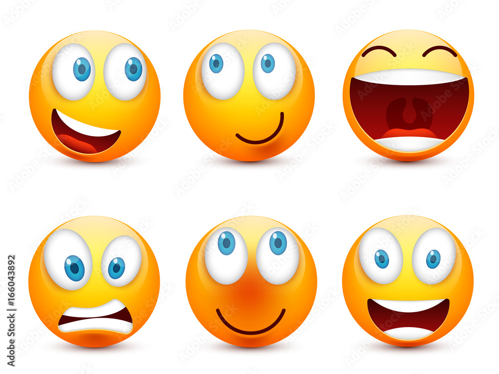 Smiley with blue eyes,emoticon set. Yellow face with emotions. Facial expression. 3d realistic emoji. Sad,happy,angry faces.Funny cartoon character.Mood.Vector illustration. Smiley with blue eyes,emoticon set. Yellow face with emotions. Facial expression. 3d realistic emoji. Sad,happy,angry faces.Funny cartoon character.Mood.Vector illustration.