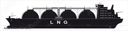 Black silhouette of a huge ocean tanker for liquefied gas. Traced details.